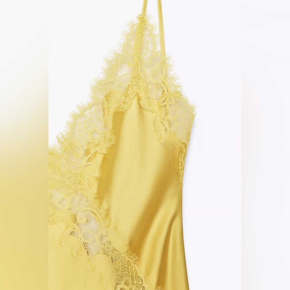 Zara Lace-Trim Slip Satin Maxi Dress in Mustard Chartreuse Yellow - Picture 10 of 15